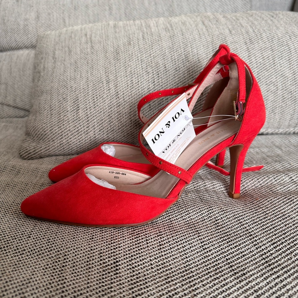Red suede high heels. Very cute. Made in Greece